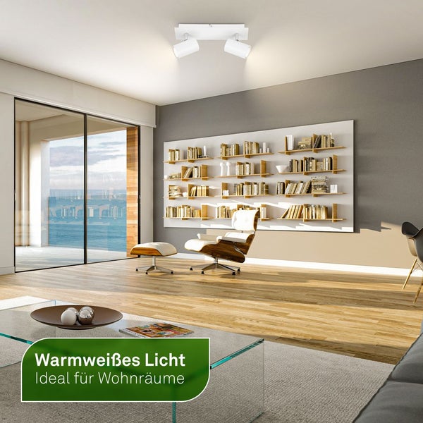 Modernes Wohnzimmer mit Deckenleuchte, Regalen und Sesseln