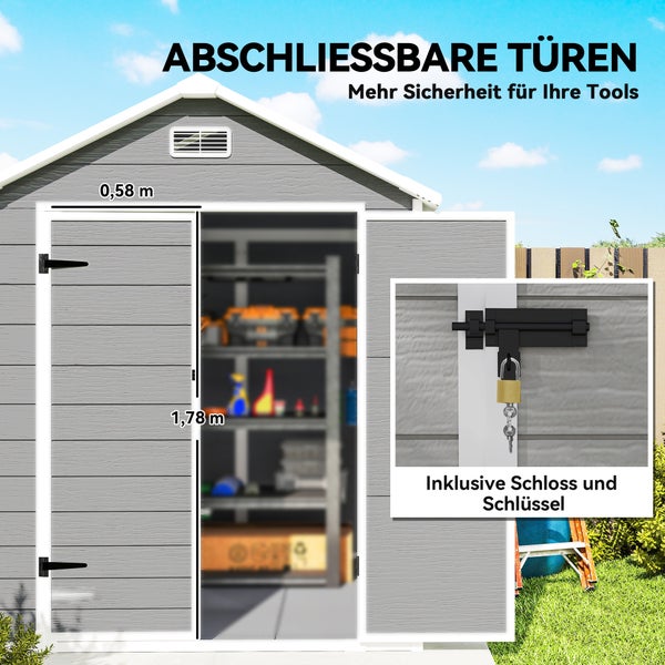 Gartenhaus mit Satteldach, Doppeltür und Seitenfenster aus Kunststoff in Holzoptik inklusive Vorhängeschloss und Arbeitshandschuhen.