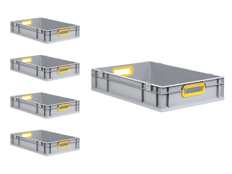 PROREGAL Spar Set 5x Eurobox Nextgen Color HxBxT 12 x 40 x 60 cm 23 Liter Griffe Gelb Offen Glatter Boden Eurobehälter Transportbox