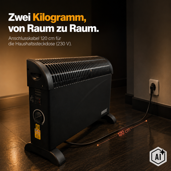 Elektrischer Konvektor Heizstrahler mit 120 Zentimeter Anschlusskabel für 230 Volt Steckdosen.