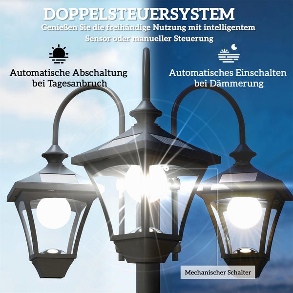 Dreiflammige Solar-Gartenlaterne mit Dämmerungssensor für automatisches Ein- und Ausschalten sowie zusätzlichem mechanischem Schalter.