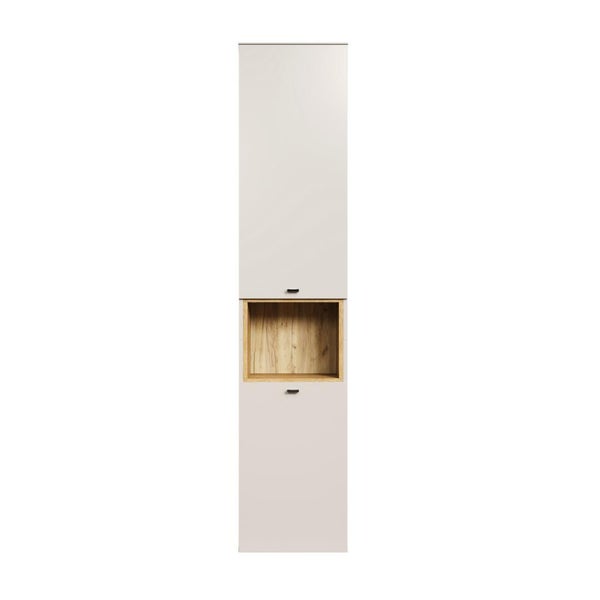 Hoher Badezimmerschrank mit zwei Türen und einem offenen Regalfach in Holzoptik