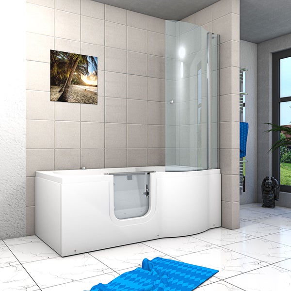 Barrierefreie Badewanne mit Einstiegstür und Duschabtrennung aus Glas.