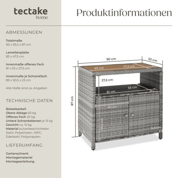 tectake home Logo. Gartenschrank aus Polyrattan mit offenem Fach und zwei Türen. Abmessungen circa 90 mal 55,5 mal 87 Zentimeter.