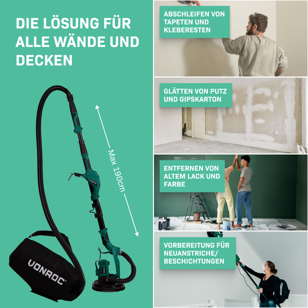 VONROC Trockenbauschleifer 1050W - Wand und Deckenschleifer 225mm, Giraffe mit Absaugung, Trockenbau Schleifmaschine Set inkl. 6 Schleifpapier