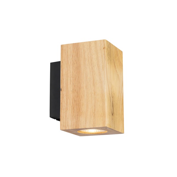 Moderne Wandleuchte aus Holz und Metall mit quadratischem Design zur Akzentbeleuchtung.