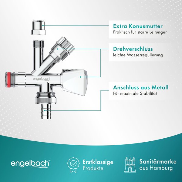 Engelbach® Kombi Eckventil 1/2 Zoll selbstdichtend mit Rückflussverhinderer - Für Kalt- und Warmwasserleitungen mit vielfältigen Anschlussmöglichkeiten