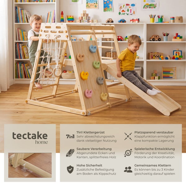 Holz Klettergerüst für Kinder im Kinderzimmer mit Kletterwand, Rutsche und Kletterseil sowie detaillierte Produktinfos von tectake home.