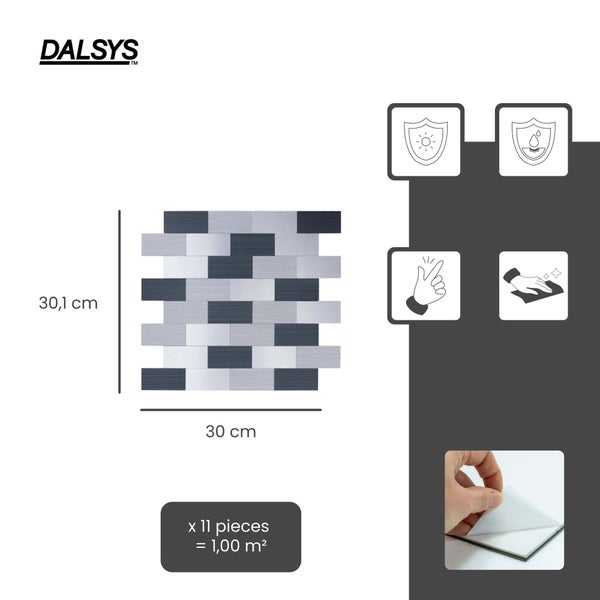 Dalsys Logo. Selbstklebende Aluminium-Mosaikfliesen, Backsteinoptik, 30,1 mal 30 Zentimeter. Wasserfest, lichtbeständig. 11 Stück pro Quadratmeter.