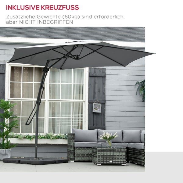 Sonnenschirm geöffnet und geschlossen, Maße 293 Zentimeter Breite, 243 Zentimeter Höhe, Kreuzfuß mit 98 Zentimeter Breite.