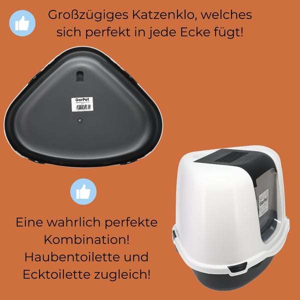Katzenklo Ecke Große platzsparende Eck Katzentoilette mit Deckel Katzen WC Haube Ecktoilette inkl. Filter Schaufel XXL