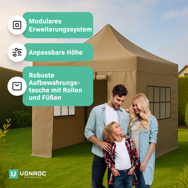 VONROC Pavillon 3x3m wasserdicht stabil - Partyzelt EasyUp System [3Min Aufbau] Popup Faltpavillon modular erweiterbar als Festival Zelt, Gartenpavillon