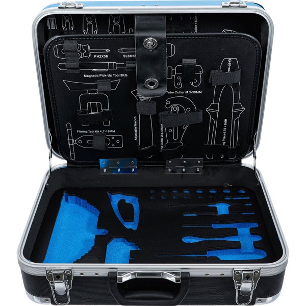 Geöffneter Werkzeugkoffer mit Werkzeugen und Werkzeugzubehör