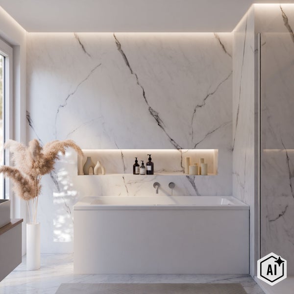 Modernes Badezimmer mit weißer Badewanne vor einer Wand in Marmoroptik mit beleuchteter Nische und dekorativen Accessoires.