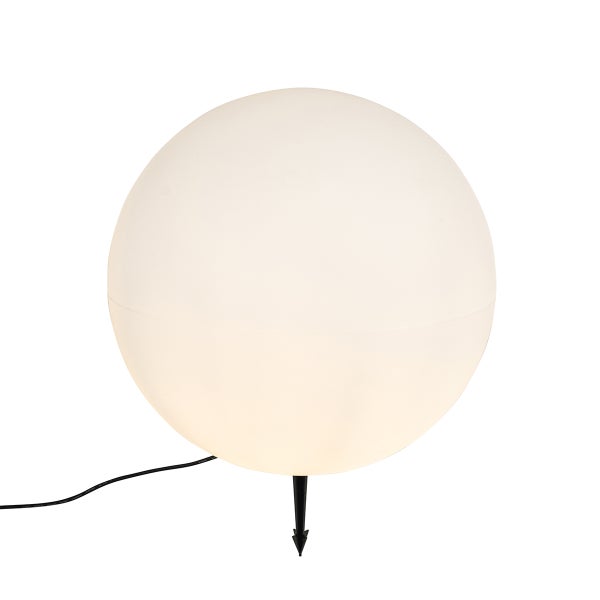 Kugelförmige Außenleuchte in Weiß mit schwarzem Erdspieß und Stromkabel.