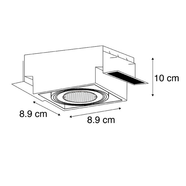 Maßskizze eines quadratischen Einbaustrahlers mit einer Breite von 8,9 Zentimeter, Länge von 8,9 Zentimeter und einer Höhe von 10 Zentimeter.
