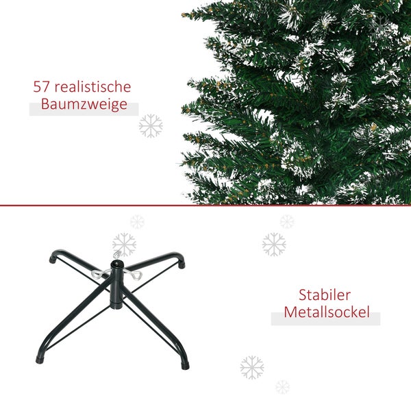 Künstlicher Weihnachtsbaum mit realistischen, schneebedeckten Zweigen und einem stabilen Metallsockel.
