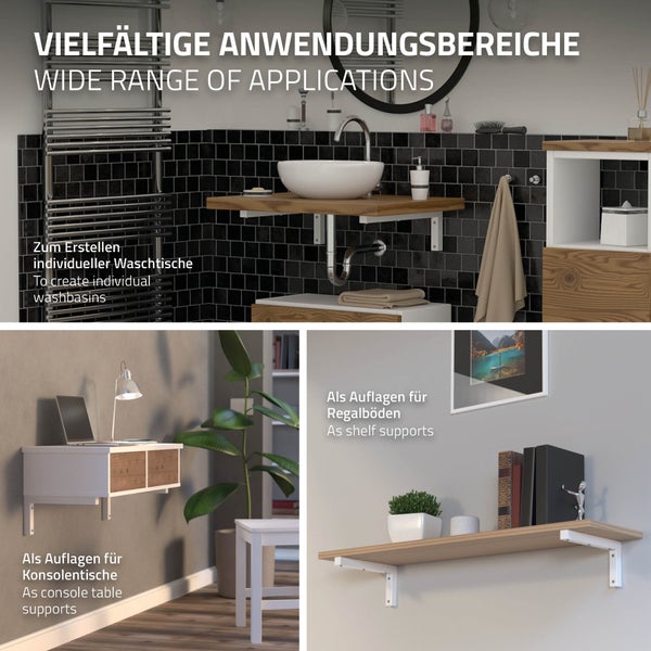 ML-Design 2er Set Wandkonsole Winkel L-Form für Waschtisch, 300x150 mm, Weiß, Stahl, Design Waschtischhalterung, Wandhalterung für Waschtischplatte Waschbecken, Konsolenträger Regalträger Regalhalter