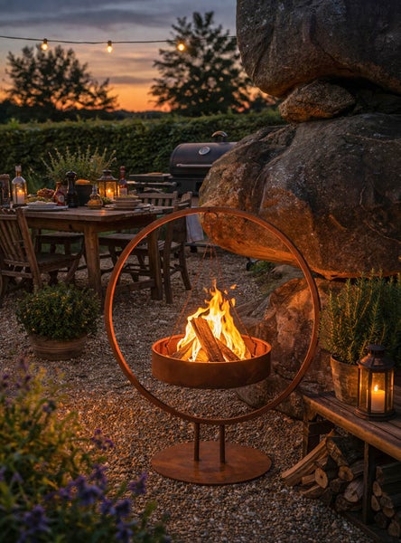 Moderne Feuerschale aus Metall in Ringform mit brennendem Holz auf einer Terrasse im Garten bei Sonnenuntergang.