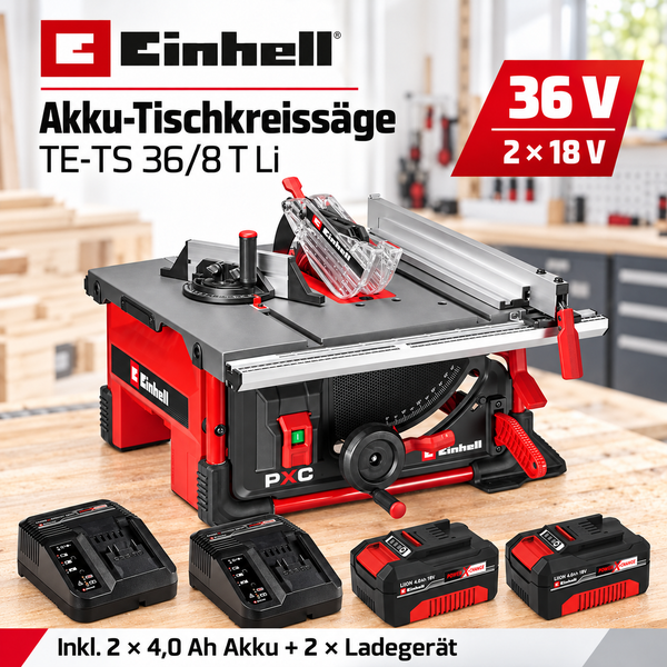 Einhell Akku-Tischkreissäge TE-TS 36/8 T Li mit zwei 18 Volt Akkus und zwei Ladegeräten für 36 Volt Betrieb auf einer Werkbank.