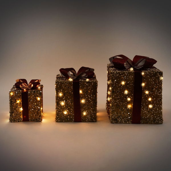 ECD Germany 3er Set LED Geschenkboxen Weihnachten mit Schleifen, Hellbraun-Rot, Warmweiß, batteriebetrieb, mit Timer, Weihnachtsdeko Geschenk Beleuchtet Weihnachtsbaum Dekoration Weihnachtsgeschenkbox