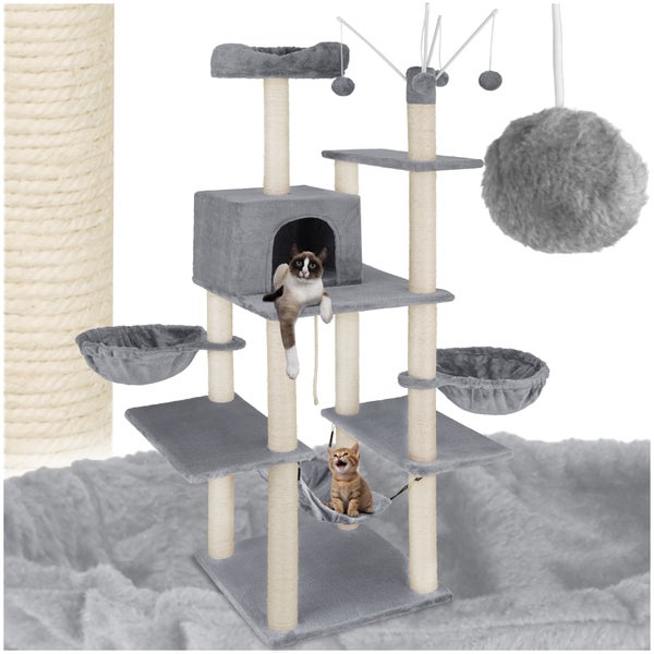 Kratzbaum mit mehreren Ebenen, einer Höhle und Spielzeug für Katzen