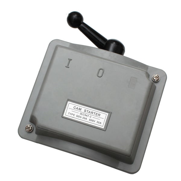 Nockenschalter Typ QS5-30A mit grauem Gehäuse, schwarzem Hebelgriff und Kennzeichnungen für die Positionen Ein und Aus.