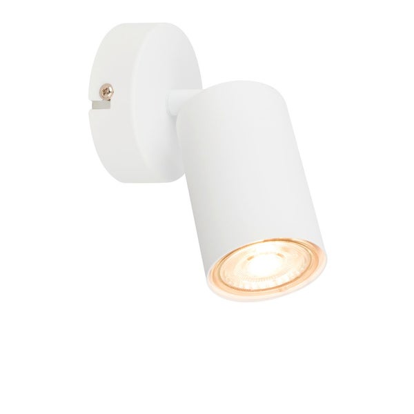 Weißer zylindrischer Wandstrahler mit einem verstellbaren Leuchtenkopf.