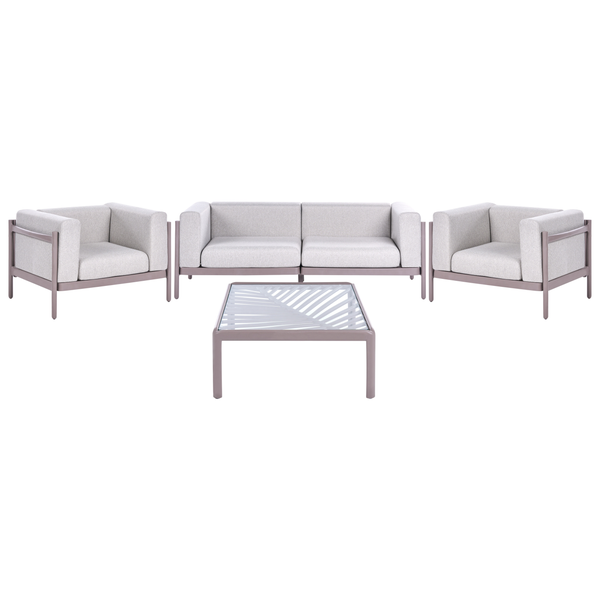 Graues Lounge-Set bestehend aus einem Zweisitzer-Sofa, zwei Sesseln und einem Couchtisch mit Glasplatte. Modernes Design mit Metallgestell.