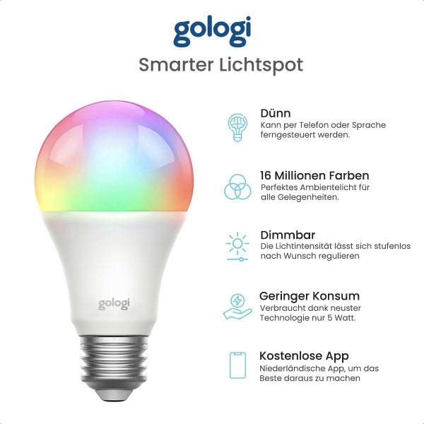 Gologi Smart E27 Bulb Lamp 4 Stück - Smart WiFi - Intelligente LED-Beleuchtung - Dimmbar - Millionen von Farben - RGB - Steuerung über mobile App - Umgebungsbeleuchtung - 800 Lumen - 4 Stück