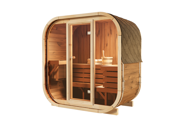 Gartensauna aus Holz mit abgerundeten Ecken, Glasfront und Schindeldach. Innenraum mit Holzbänken, Saunaofen, Eimer und Handtüchern.