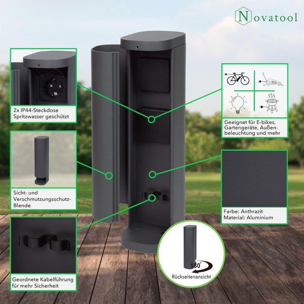 Novatool Gartensteckdosensäule aus Aluminium in Anthrazit mit zwei IP44-Steckdosen, Schutzblende und Kabelführung für E-Bikes und Gartengeräte.