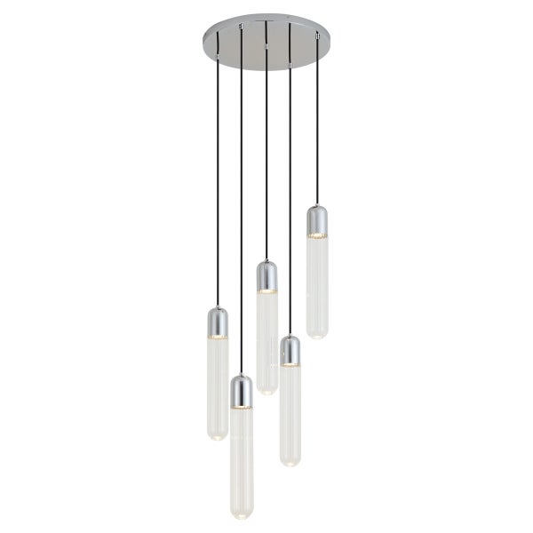 Moderne Pendelleuchte mit fünf zylindrischen Glaselementen und verchromter Deckenplatte für eine stilvolle Innenbeleuchtung