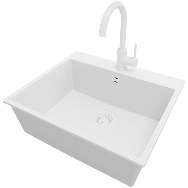 PRIMAGRAN Granitspüle Alles Weiß 58x50cm, Spülbecken 1 Becken + Küchenarmatur 32x20cm + Ablauf-Set, Küchenspüle ab 60er Unterschrank - Riga