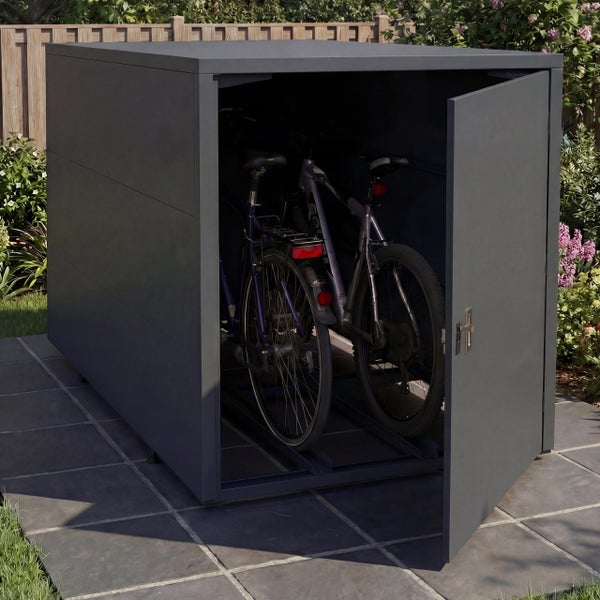 Bodenrahmen aus Metall für Gerätehaus mit höhenverstellbaren Füßen.