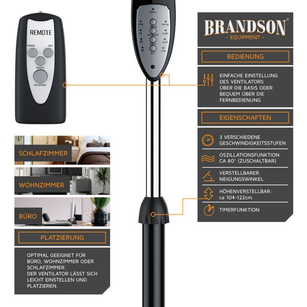 Brandson Standventilator 42 cm, Standlüfter, Ventilator höhenverstellbarer Standfuß, Neigungswinkel verstellbar, 50W, 3 Geschwindigkeitsstufen