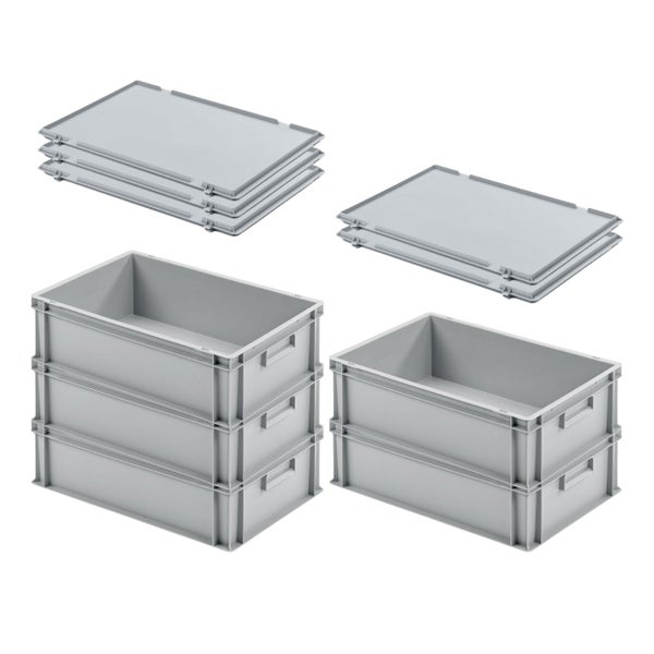 PROREGAL SuperSparSet 5 x Eurobehälter Mit Geschlossenem Griff und Scharnierdeckel HxBxT 17,5 x 40 x 60 cm 30 Liter Grau Eurobox Transportbox