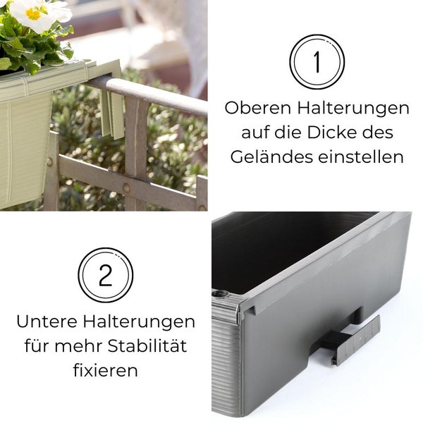 Geländerkasten 60 Rattan Geflecht Optik Balkonkasten für Geländer Blumenkasten inkl. Halterung anthrazit