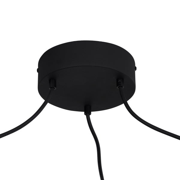 Runder Deckenbaldachin in Schwarz mit drei Kabelauslässen für Pendelleuchten.