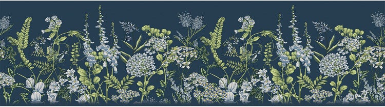 Tapetenbordüre mit botanischem Muster aus verschiedenen Wildblumen und Farnen.
