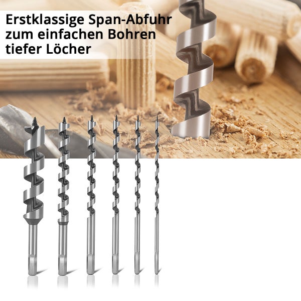Sechsteiliges Schlangenbohrer-Set für Holz in verschiedenen Größen mit Sechskantschaft für effektive Spanabfuhr bei tiefen Bohrungen.