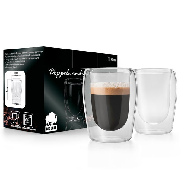 BigDean 2 Stück doppelwandige Espressotassen 80 ml in