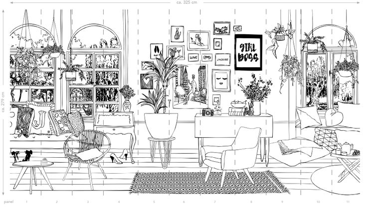 Schwarz-weiße Illustration eines Wohnzimmers mit Möbeln und Dekorationen