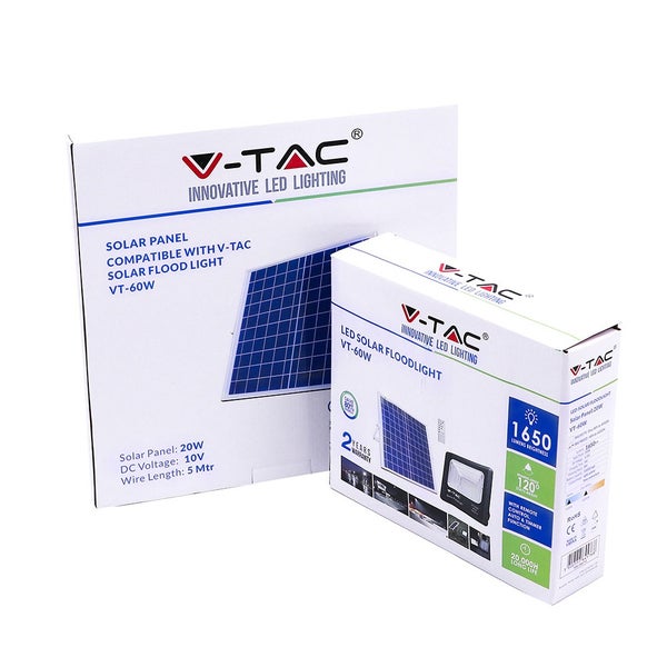 V-TAC Solarstrahler VT-60W und Solarmodul in der Verpackung
