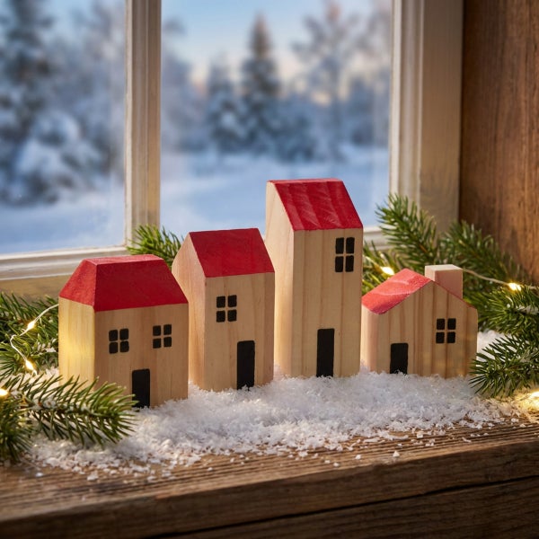 Vier dekorative Holzhauser mit roten Dächern als Weihnachtsdekoration auf einer verschneiten Fensterbank mit Tannenzweigen und Lichterkette.