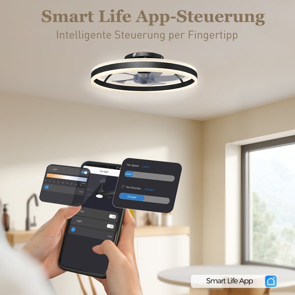 Moderne LED-Deckenventilator-Leuchte gesteuert über die Smart Life App auf einem Smartphone in einem hellen Zimmer.