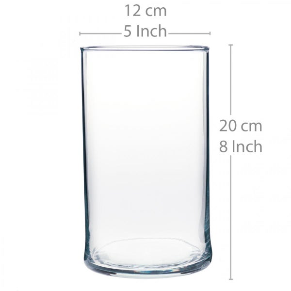 Zylindrische Glasvase, Durchmesser 12 Zentimeter oder 5 Zoll, Höhe 20 Zentimeter oder 8 Zoll.