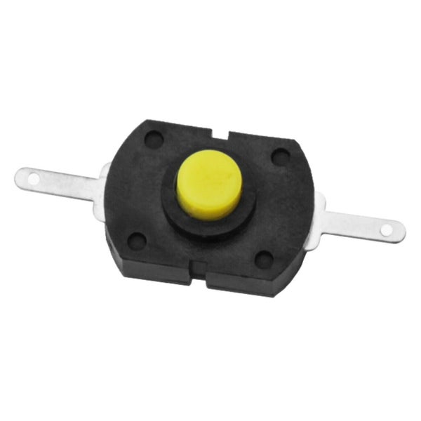 Druckschalter mit gelbem Knopf und zwei Metallkontakten.
