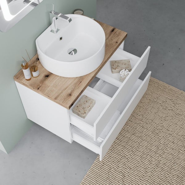 80cm Badmöbel Set, Unterschrank,Waschtischplatte, Aufsatzwaschtisch und Spiegel | Elba