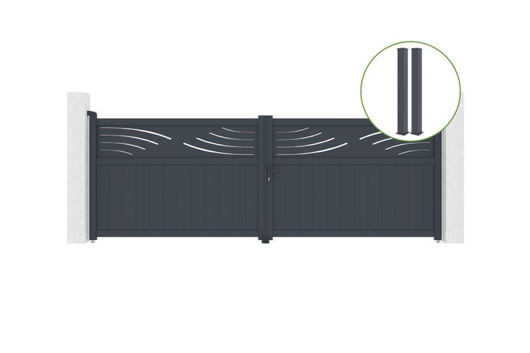 Technische Zeichnung eines Gartentors mit Maßangaben und Detailansichten